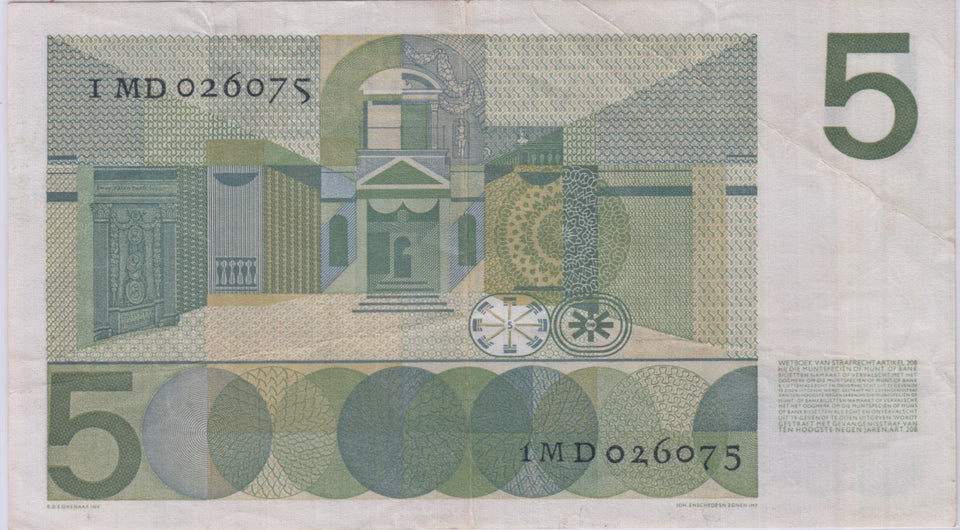 1966 NETHERLANDS 5 GULDAN BANKNOTE REF 1455 - World Banknotes - Cambridgeshire Coins