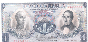 1969 1 PESO BANCO DE LA COLOMBIA COLOMBIAN BANKNOTE REF 124 - World Banknotes - Cambridgeshire Coins