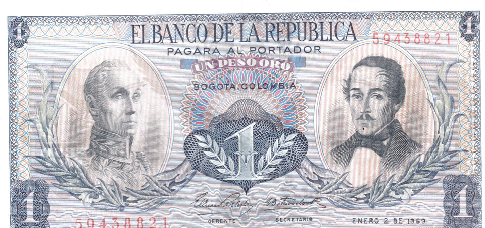 1969 1 PESO BANCO DE LA COLOMBIA COLOMBIAN BANKNOTE REF 124 - World Banknotes - Cambridgeshire Coins