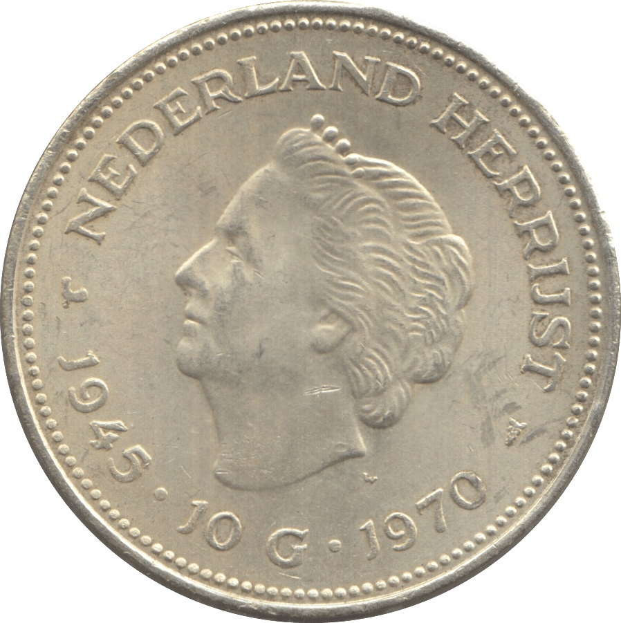 1970 SILVER 10 GULDEN NETHERLANDS QUEEN JULIANA 5 - WORLD SILVER COINS - Cambridgeshire Coins