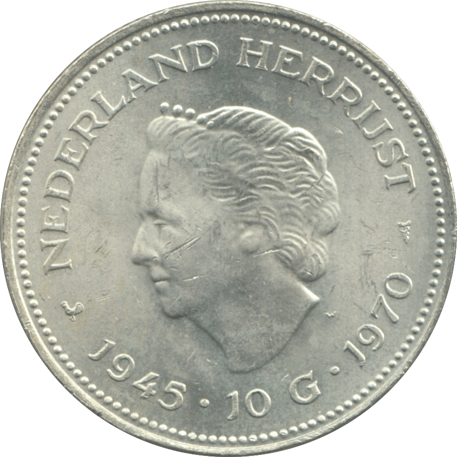 1970 SILVER 10 GULDEN NETHERLANDS QUEEN JULIANA 6 - WORLD SILVER COINS - Cambridgeshire Coins