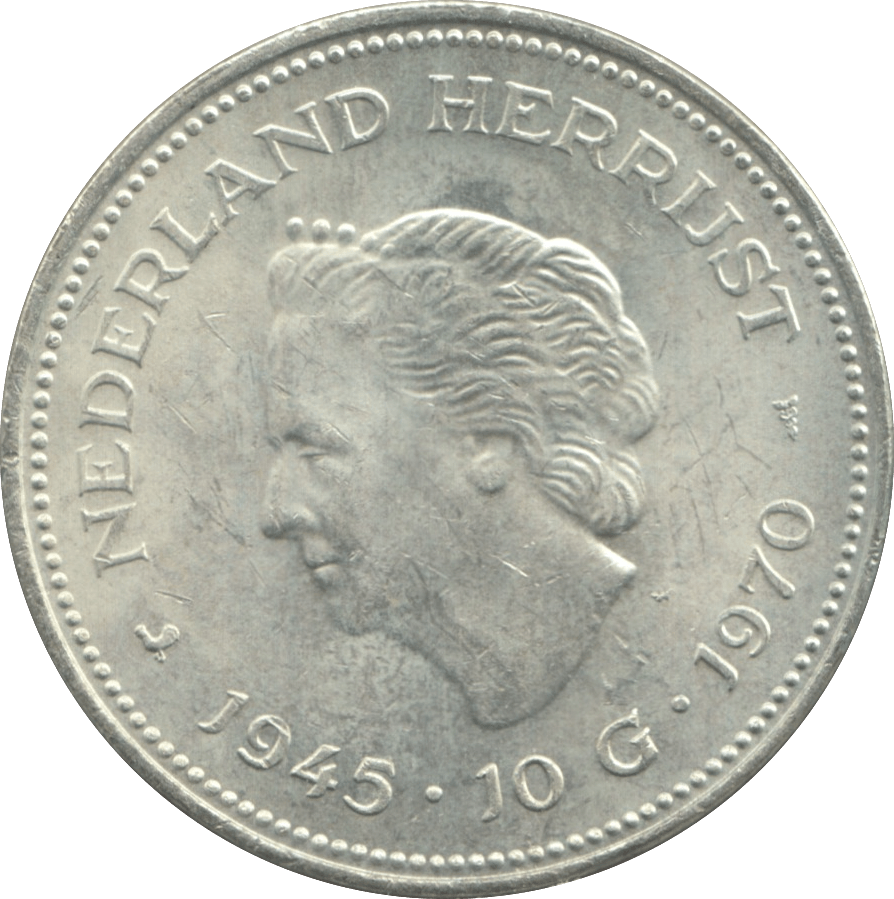 1970 SILVER 10 GULDEN NETHERLANDS QUEEN JULIANA 9 - WORLD SILVER COINS - Cambridgeshire Coins