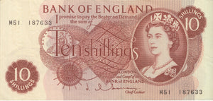 1970'S TEN SHILLINGS BANKNOTE HOLLOM USED - 10 Shillings Banknotes - Cambridgeshire Coins