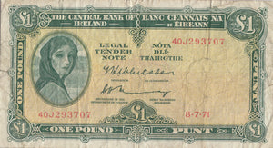 1971 £1 CENTRAL BANK OF IRELAND IRELAND BANKNOTE IRE-16 - Irish Banknotes - Cambridgeshire Coins