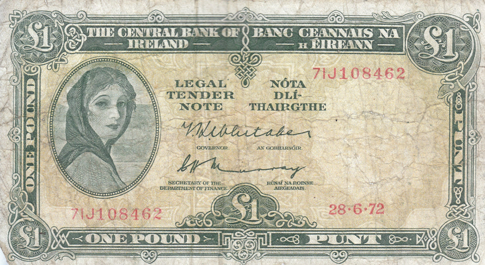 1972 £1 CENTRAL BANK OF IRELAND IRELAND BANKNOTE REF 107 - Irish Banknotes - Cambridgeshire Coins