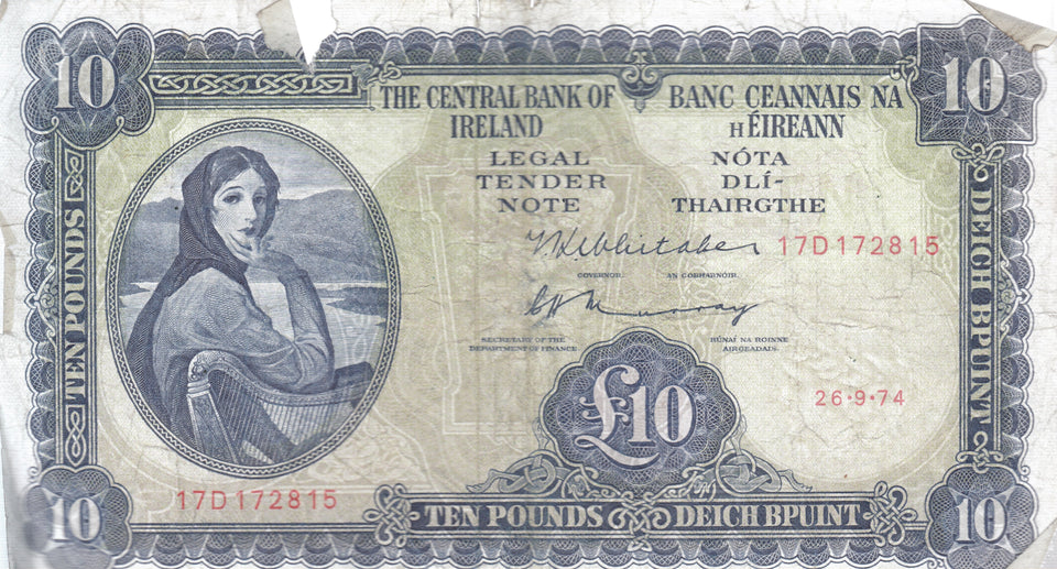 1974 £10 CENTRAL BANK OF IRELAND IRELAND BANKNOTE REF 112 - Irish Banknotes - Cambridgeshire Coins