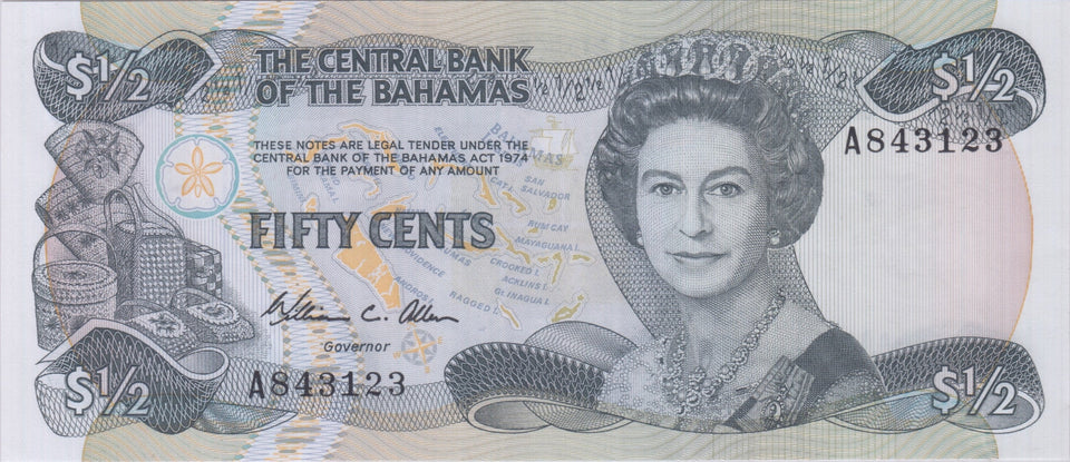 1974 50 CENTS BANK OF BAHAMAS BANKNOTE REF 1449 B - World Banknotes - Cambridgeshire Coins