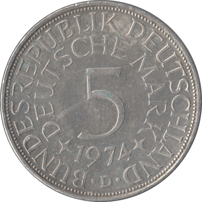 1974 GERMANY SILVER 5 MARKS - SILVER WORLD COINS - Cambridgeshire Coins