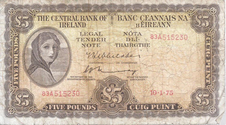 1975 £5 CENTRAL BANK OF IRELAND IRELAND BANKNOTE REF 103 - Irish Banknotes - Cambridgeshire Coins