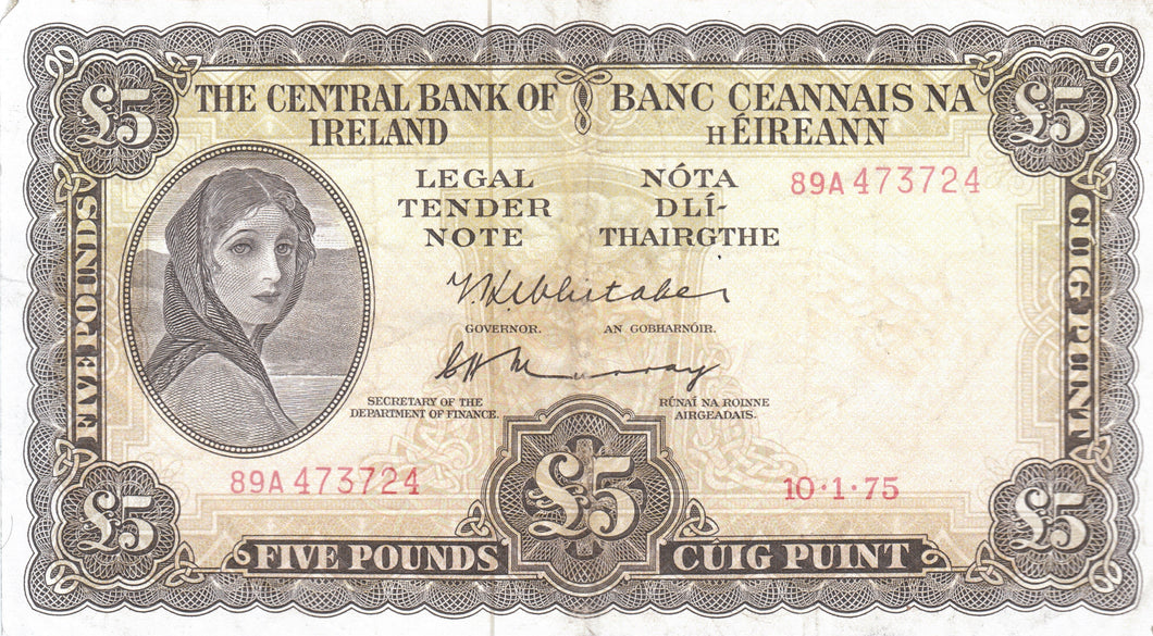 1975 £5 CENTRAL BANK OF IRELAND IRELAND BANKNOTE REF 105 - Irish Banknotes - Cambridgeshire Coins