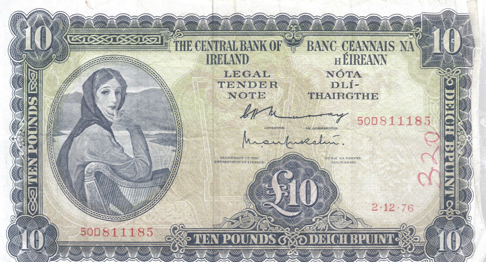 1976 £10 CENTRAL BANK OF IRELAND IRELAND BANKNOTE REF 111 - Irish Banknotes - Cambridgeshire Coins
