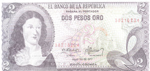 1977 2 PESO BANCO DE LA COLOMBIA COLOMBIAN BANKNOTE REF 125 - WORLD BANKNOTES - Cambridgeshire Coins