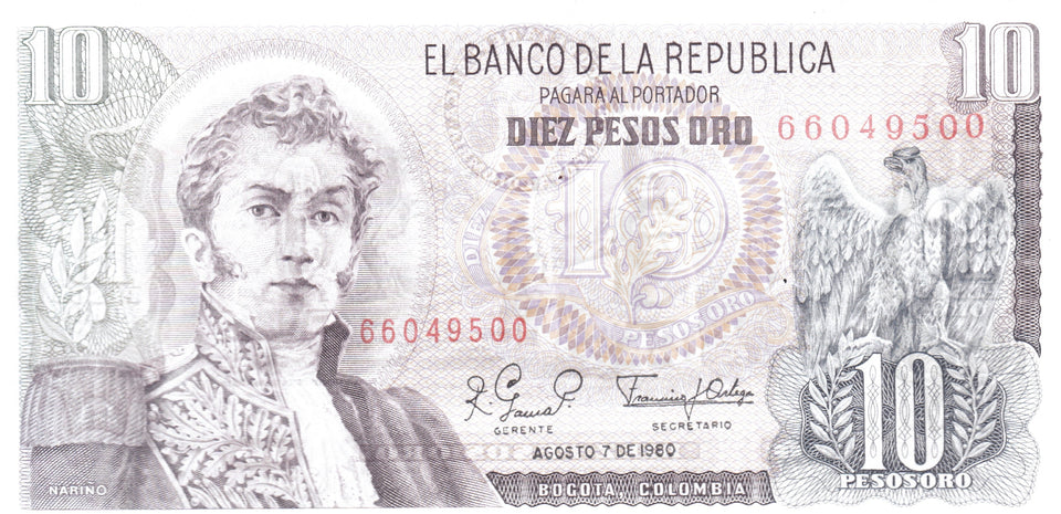 1980 10 PESO BANCO DE LA COLOMBIA COLOMBIAN BANKNOTE REF 127 - WORLD BANKNOTES - Cambridgeshire Coins