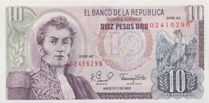1980 10 PESOS BANKNOTE COLOMBIA REF 692 - World Banknotes - Cambridgeshire Coins