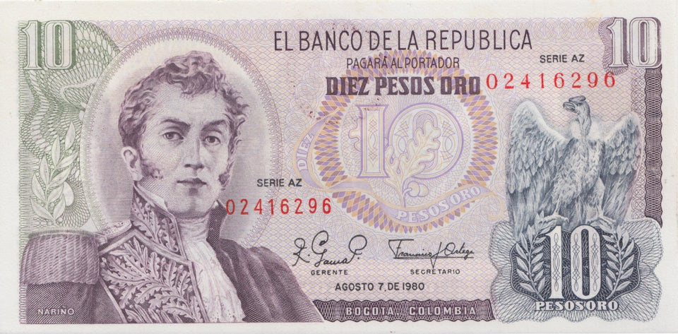 1980 10 PESOS BANKNOTE COLOMBIA REF 692 - World Banknotes - Cambridgeshire Coins
