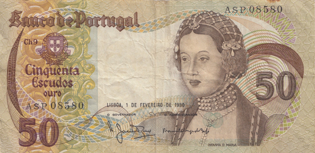 1980 50 ESCUDOS BANKNOTE PORTUGAL REF 1052 - World Banknotes - Cambridgeshire Coins