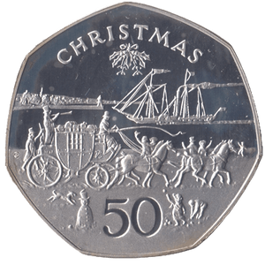 1980 CHRISTMAS SILVER PROOF 50P STAGECOACH ISLE OF MAN - SILVER WORLD COINS - Cambridgeshire Coins