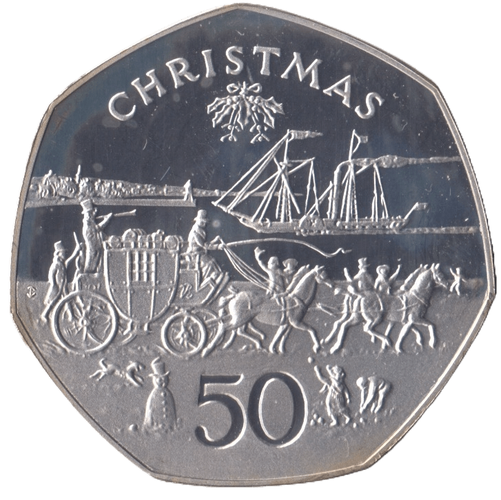 1980 CHRISTMAS SILVER PROOF 50P STAGECOACH ISLE OF MAN - SILVER WORLD COINS - Cambridgeshire Coins