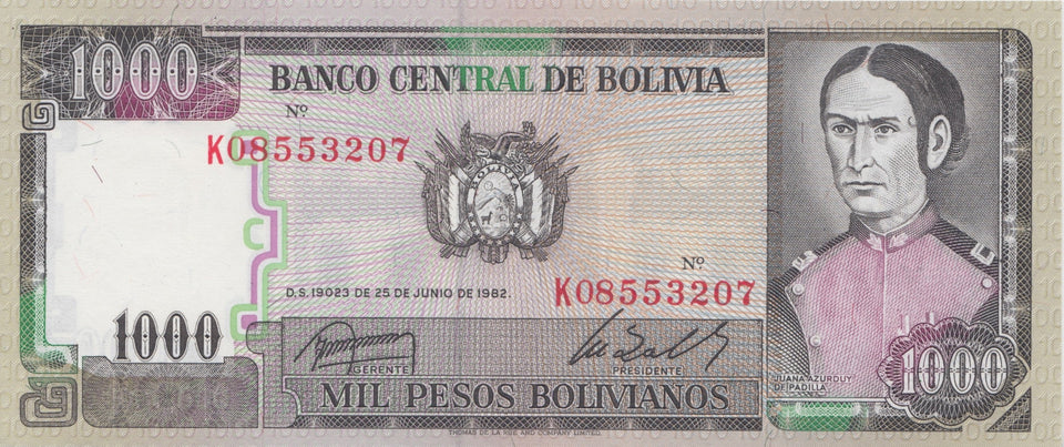1982 1000 BOLIVIANOS BANKNOTE BOLIVIA REF 613 - World Banknotes - Cambridgeshire Coins