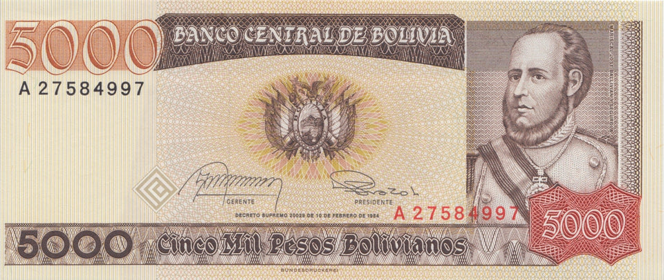 1984 5000 BOLIVIANOS BANKNOTE BOLIVIA REF 611 - World Banknotes - Cambridgeshire Coins