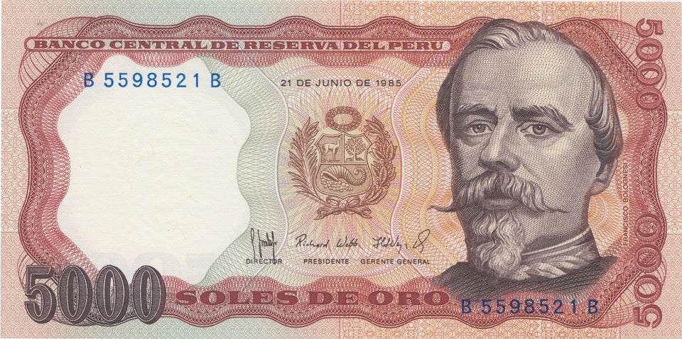 1985 5000 ORO BANKNOTE PERU REF 1073 - World Banknotes - Cambridgeshire Coins