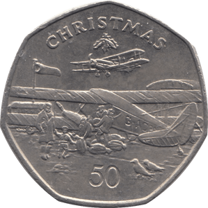 1985 CHRISTMAS 50P DE HAVILAND PLANE ISLE OF MAN - 50P CHRISTMAS - Cambridgeshire Coins