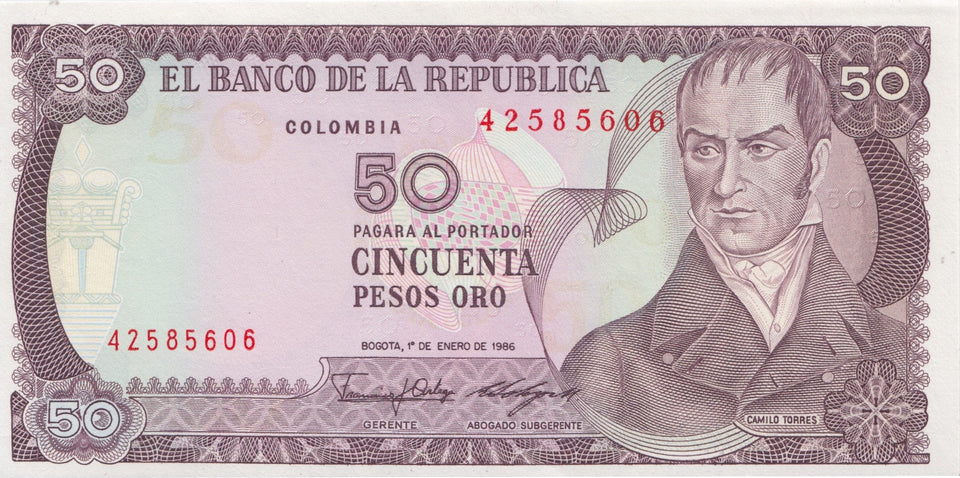 1986 50 PESOS BANKNOTE COLOMBIA REF 693 - World Banknotes - Cambridgeshire Coins