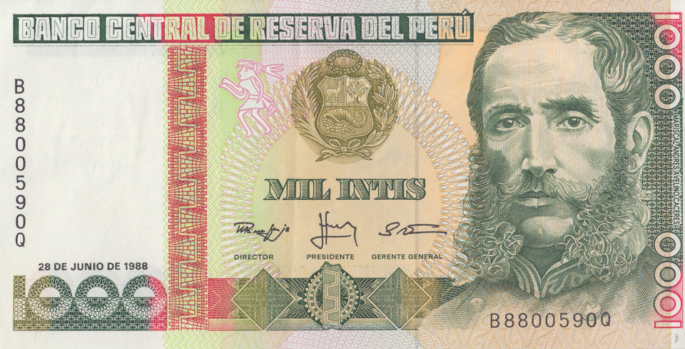 1988 1000 INTIS BANCO CENTRAL DE RESERVA DEL PERU PERU BANKNOTE REF 22 - World Banknotes - Cambridgeshire Coins