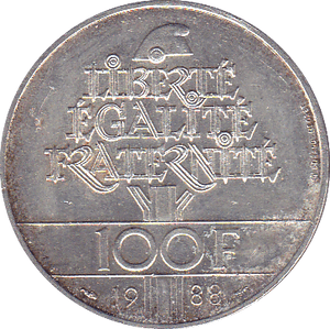 1988 FRANCE 100 FRANCS FRATERNITY SILVER .90 - SILVER WORLD COINS - Cambridgeshire Coins