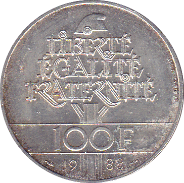 1988 FRANCE 100 FRANCS FRATERNITY SILVER .90 - SILVER WORLD COINS - Cambridgeshire Coins