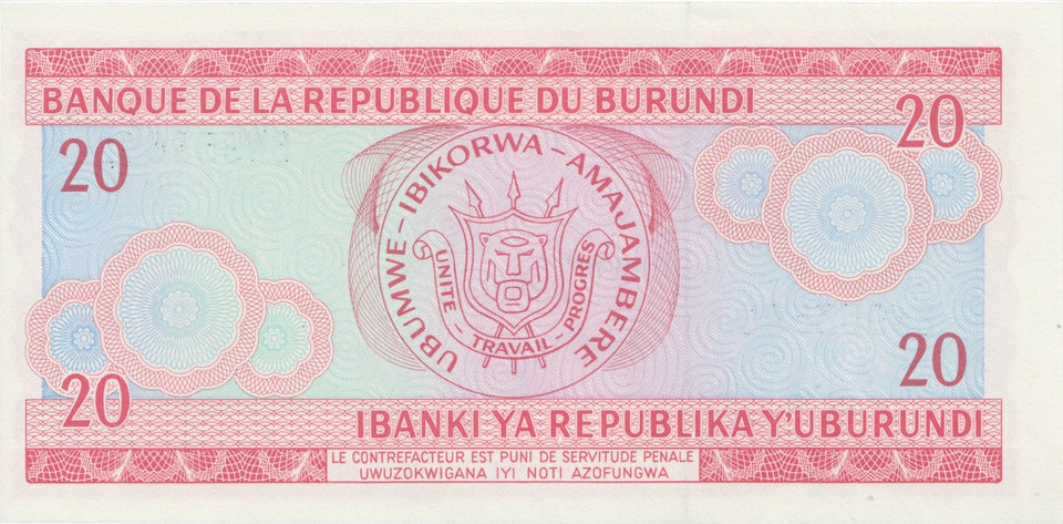 1989 20 FRANCS BANKNOTE BURUNDI REF 609 - World Banknotes - Cambridgeshire Coins