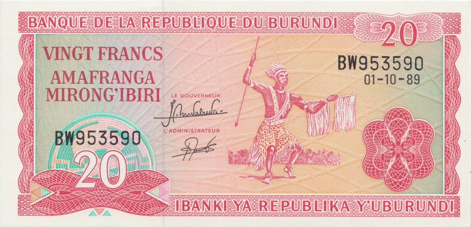 1989 20 FRANCS BANKNOTE BURUNDI REF 609 - World Banknotes - Cambridgeshire Coins