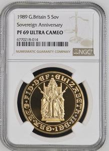 1989 GOLD PROOF SOVEREIGN ANNIVERSARY 5 SOVEREIGN (NGC) PF69 ULTRA CAMEO - NGC GOLD PROOF COINS - Cambridgeshire Coins