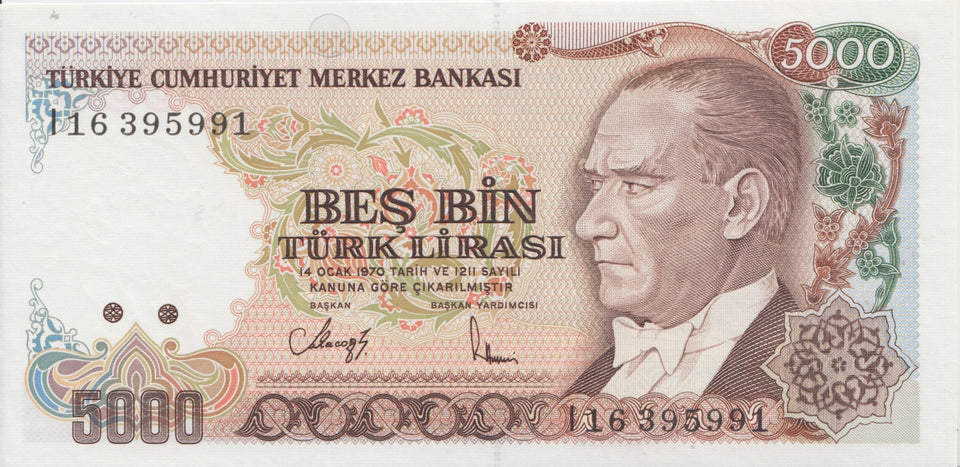 1990 5000 LIRA BANKNOTE TURKEY REF 987 - World Banknotes - Cambridgeshire Coins