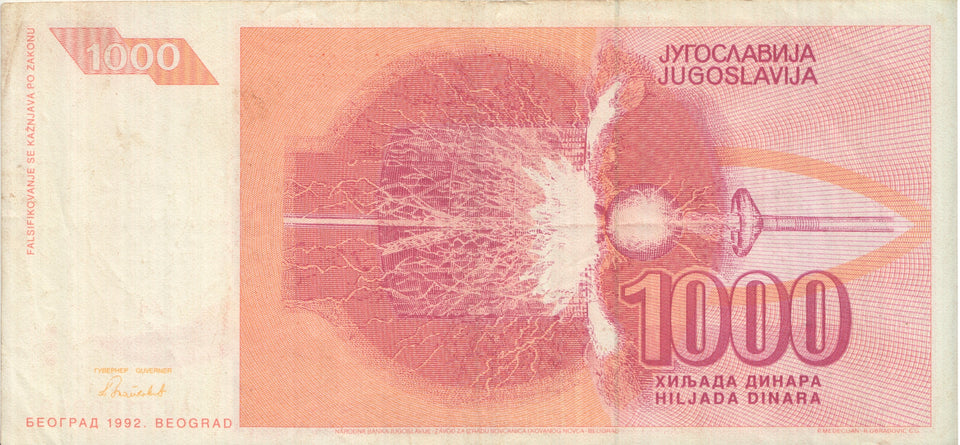 1992 BANK OF YUGOSLAVIA 1000 DINARA BANKNOTE REF 1291 - World Banknotes - Cambridgeshire Coins