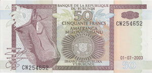 1994 50 FRANCS BANKNOTE BURUNDI REF 608 - World Banknotes - Cambridgeshire Coins
