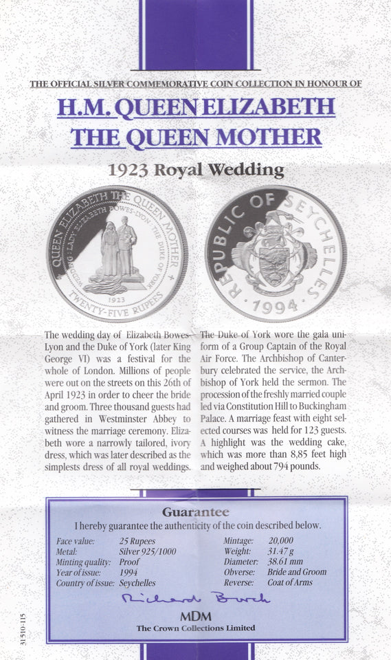 1994 SILVER PROOF 25 RUPEES SEYCHELLES 925 SILVER (COA) REF 13 - SILVER PROOF COMMEMORATIVE - Cambridgeshire Coins