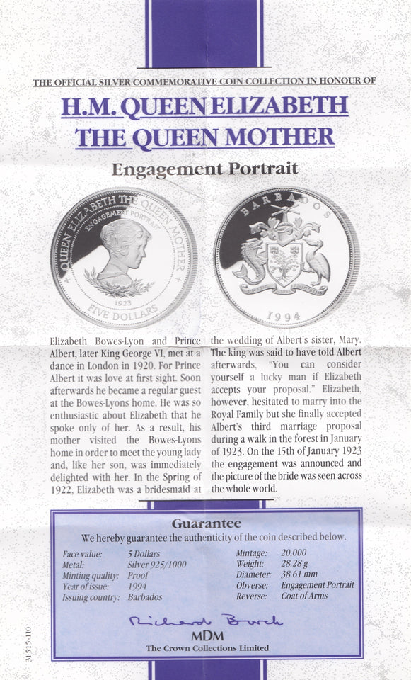 1994 SILVER PROOF 5 DOLLARS BARBADOS 925 SILVER (COA) REF 14 - SILVER PROOF COMMEMORATIVE - Cambridgeshire Coins