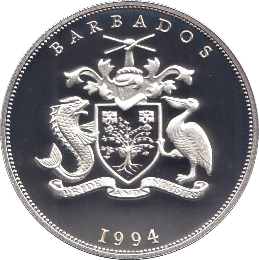 1994 SILVER PROOF 5 DOLLARS BARBADOS 925 SILVER (COA) REF 14 - SILVER PROOF COMMEMORATIVE - Cambridgeshire Coins