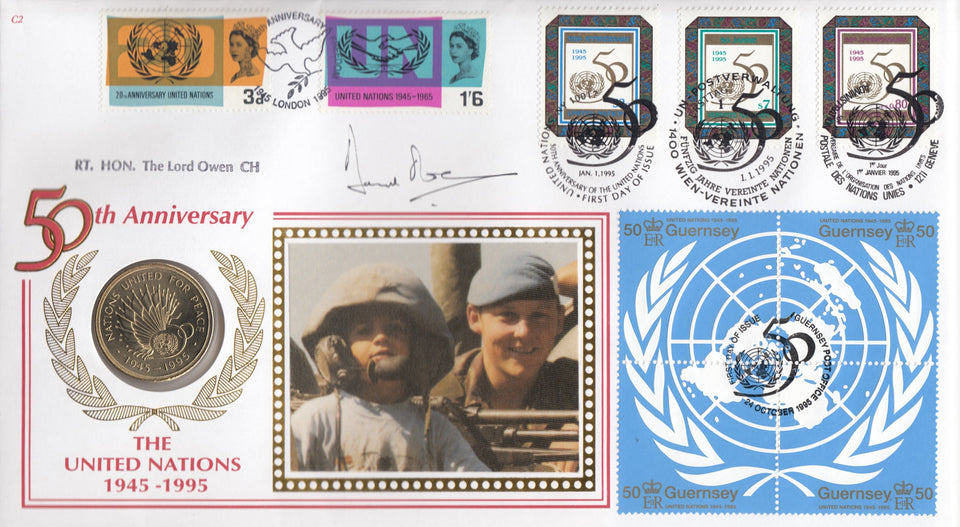 1995 £2 UNITED NATIONS COIN COVER SIGNED BY RT. HON. LORD OWEN REF CC19 - coin covers - Cambridgeshire Coins