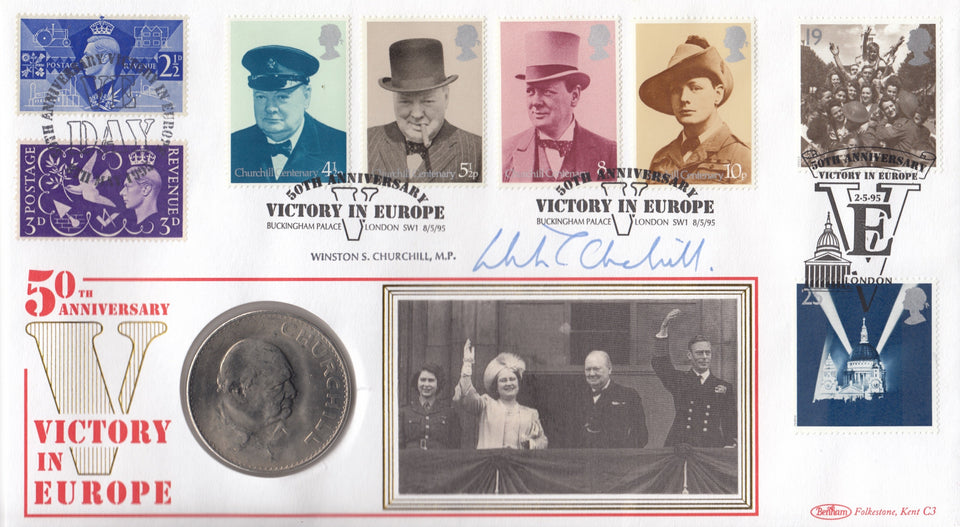 1995 COMMEMORATIVE CROWN COIN COVER SIGNED BY CHURCHILL REF CC21 - coin covers - Cambridgeshire Coins