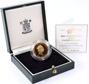 1995 Gold Proof £2 United Nations Peace Coin BOX COA Double Sovereign - Gold Proof £2 - Cambridgeshire Coins