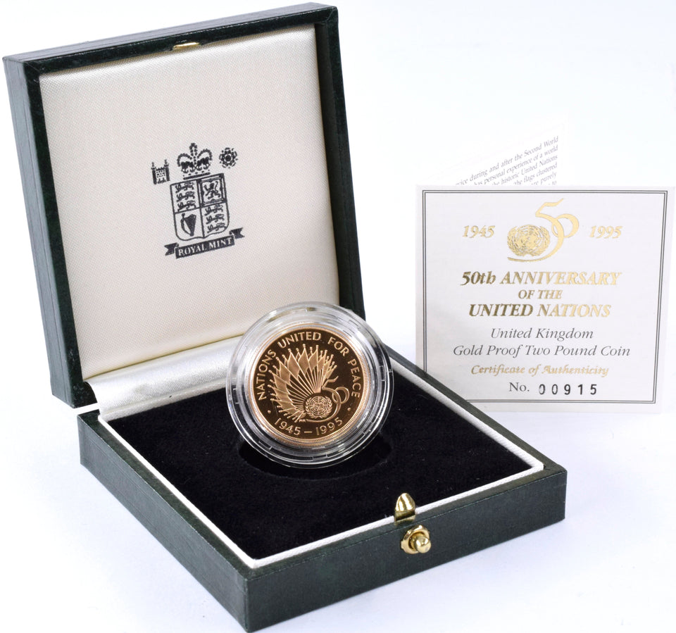 1995 Gold Proof £2 United Nations Peace Coin BOX COA Double Sovereign - Gold Proof £2 - Cambridgeshire Coins