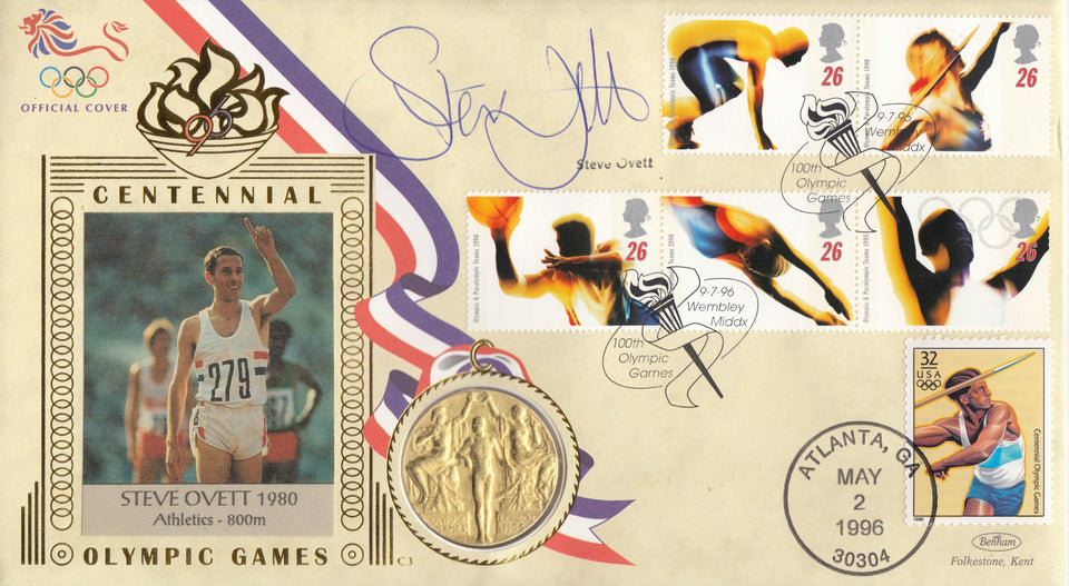 1996 CENTENNIAL OLYMPICS MEDAL NON GOLD COIN COVER SINGED BY STEVE OVETT REF CC02 - coin covers - Cambridgeshire Coins