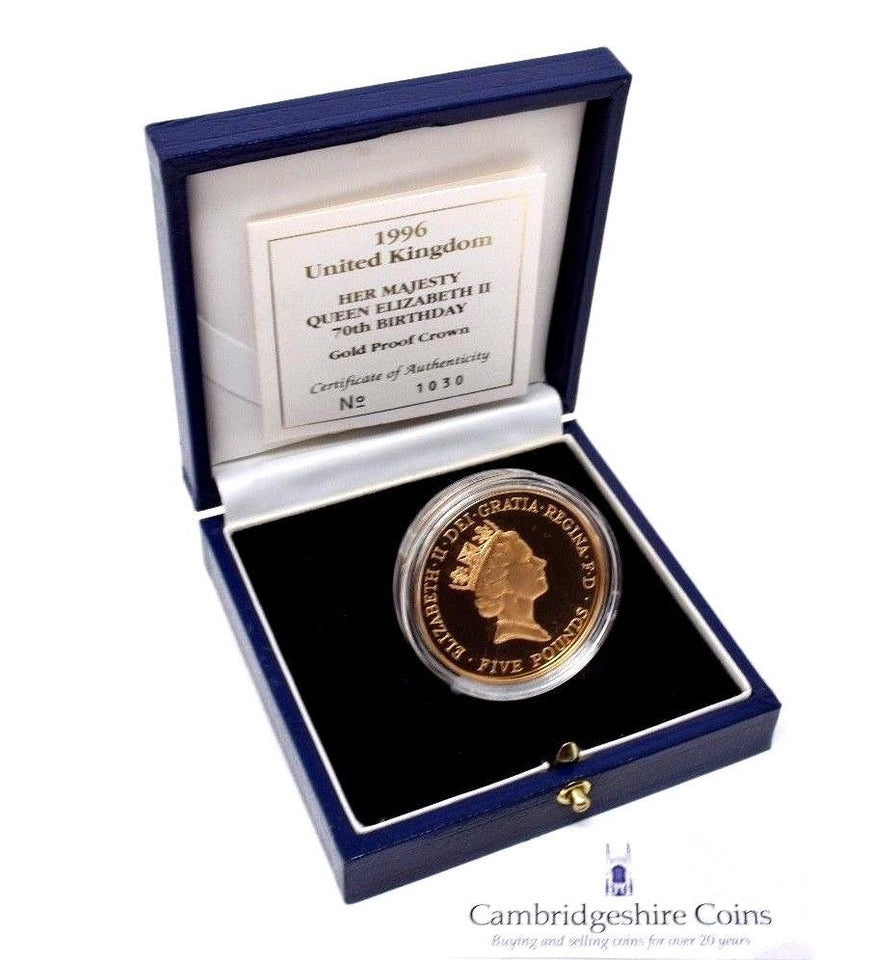 1996 Gold Proof £5 Queen Elizabeth II 70th Birthday Crown Coin Royal Mint - £5 Gold Proof - Cambridgeshire Coins