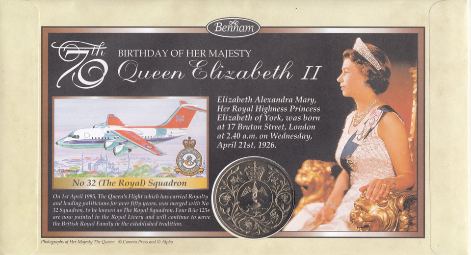 1996 QUEEN ELIZABETH 70TH BIRTHDAY CROWN COIN COVER SIGNED BY WING COMMANDER A. J BARRETT REF CC60 - coin covers - Cambridgeshire Coins