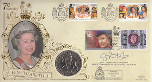 1996 QUEEN ELIZABETH 70TH BIRTHDAY CROWN COIN COVER SIGNED BY WING COMMANDER A. J BARRETT REF CC60 - coin covers - Cambridgeshire Coins