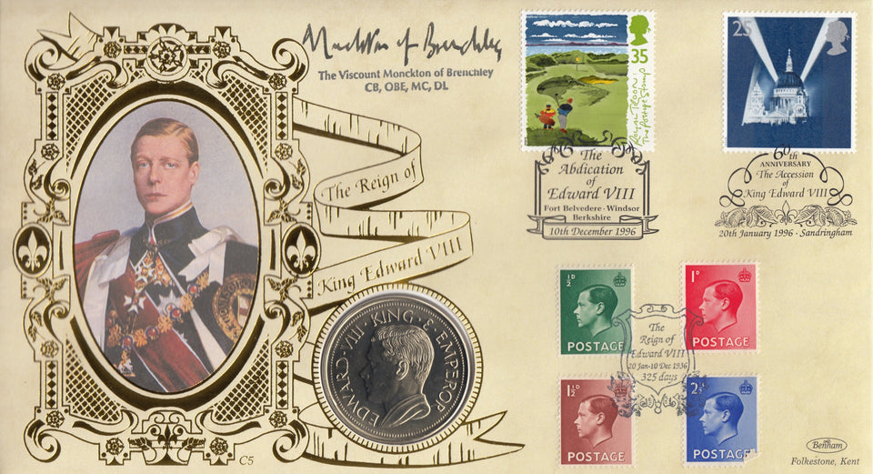 1996 REIGN OF KING EDWARD VIII COIN COVER SIGNED BY VISCOUNT MONCKTON OF BRENCHLEY CC68 - coin covers - Cambridgeshire Coins