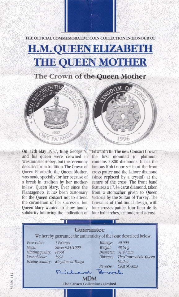 1996 SILVER PROOF 1 PA'ANGA KINGDOM OF TONGA 925 SILVER REF C3 - SILVER PROOF COMMEMORATIVE - Cambridgeshire Coins
