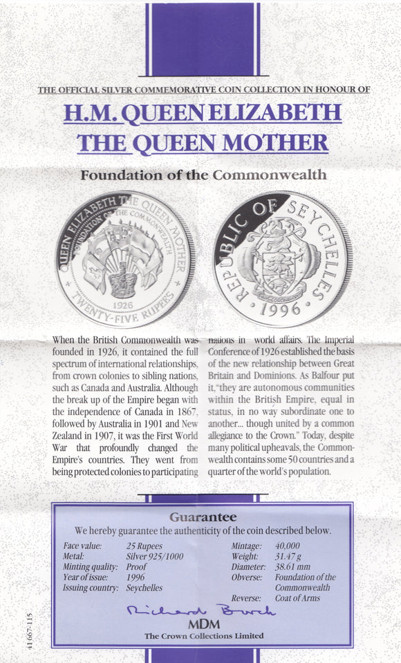 1996 SILVER PROOF 25 RUPEES SEYCHELLES 925 SILVER (COA) REF 15 - SILVER PROOF COMMEMORATIVE - Cambridgeshire Coins